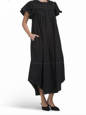 LEA Black White Cotton Flutter Sleeve Midi Dress Large Lagenlook Minimalist